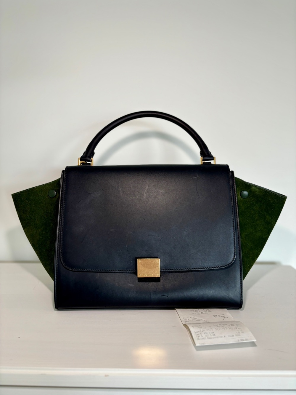CELINE Black Leather & Green Suede Structured Top-Handle Satchel with Strap